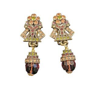 Vintage Elegant Clip-On Earrings Multicolor Rhinestones Dangling Faceted Beads